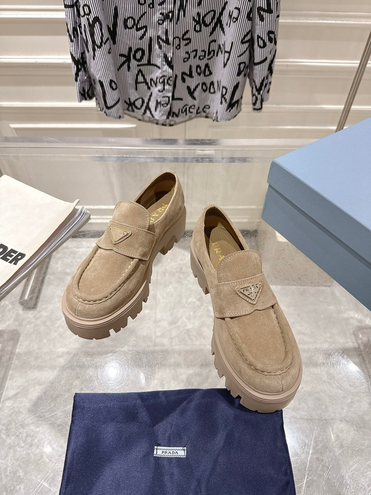 Prada 26S Platform Loafers 45mm Beige Suede