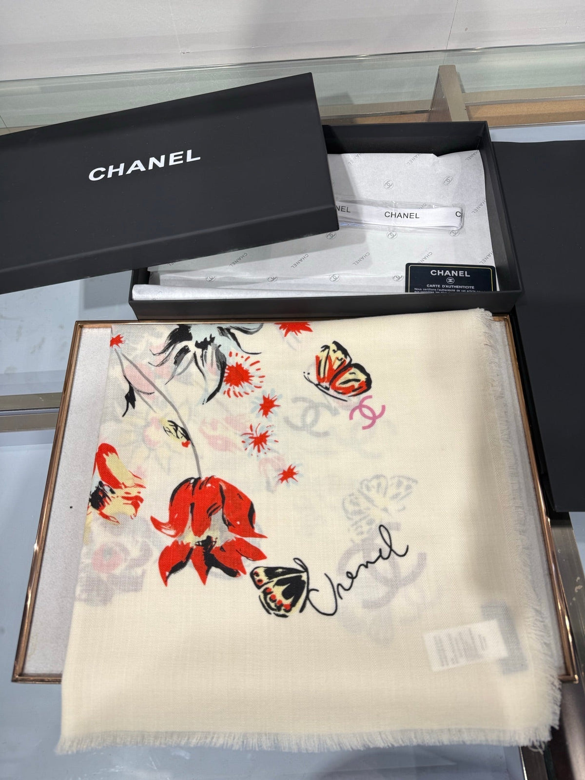 Chanel 2026 Square Scarf 140cm Red White Cashmere Silk 218853
