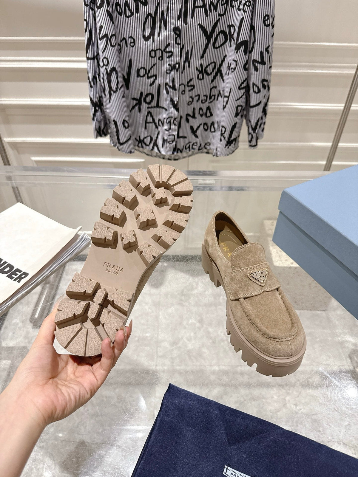 Prada 26S Platform Loafers 45mm Beige Suede