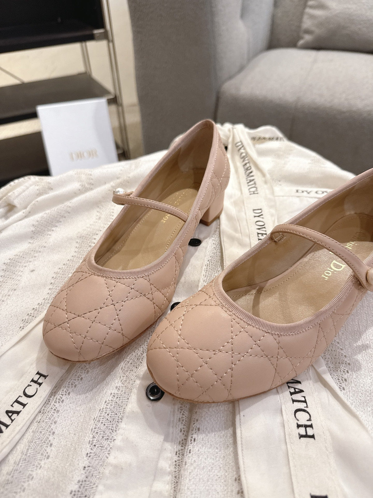Dior 26s Mary Jane Pumps Nude Lambskin Pearl-Adorned Strap