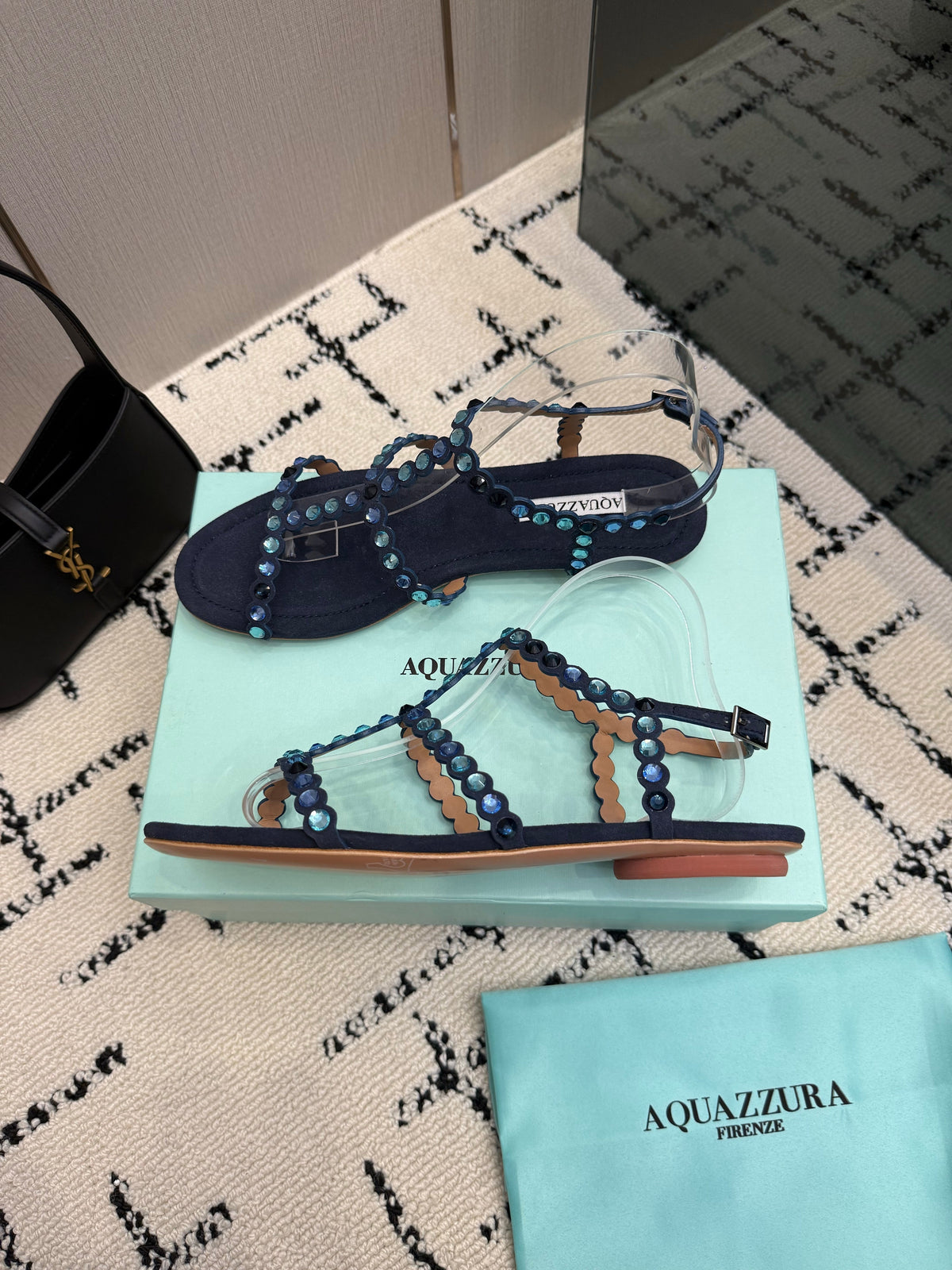 Aquazzura 26s Flat Sandals Navy Blue Suede Crystal-Embellished 610482