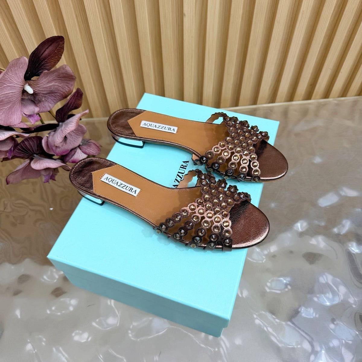 Aquazzura 26s Slides Bronze Calfskin 492015