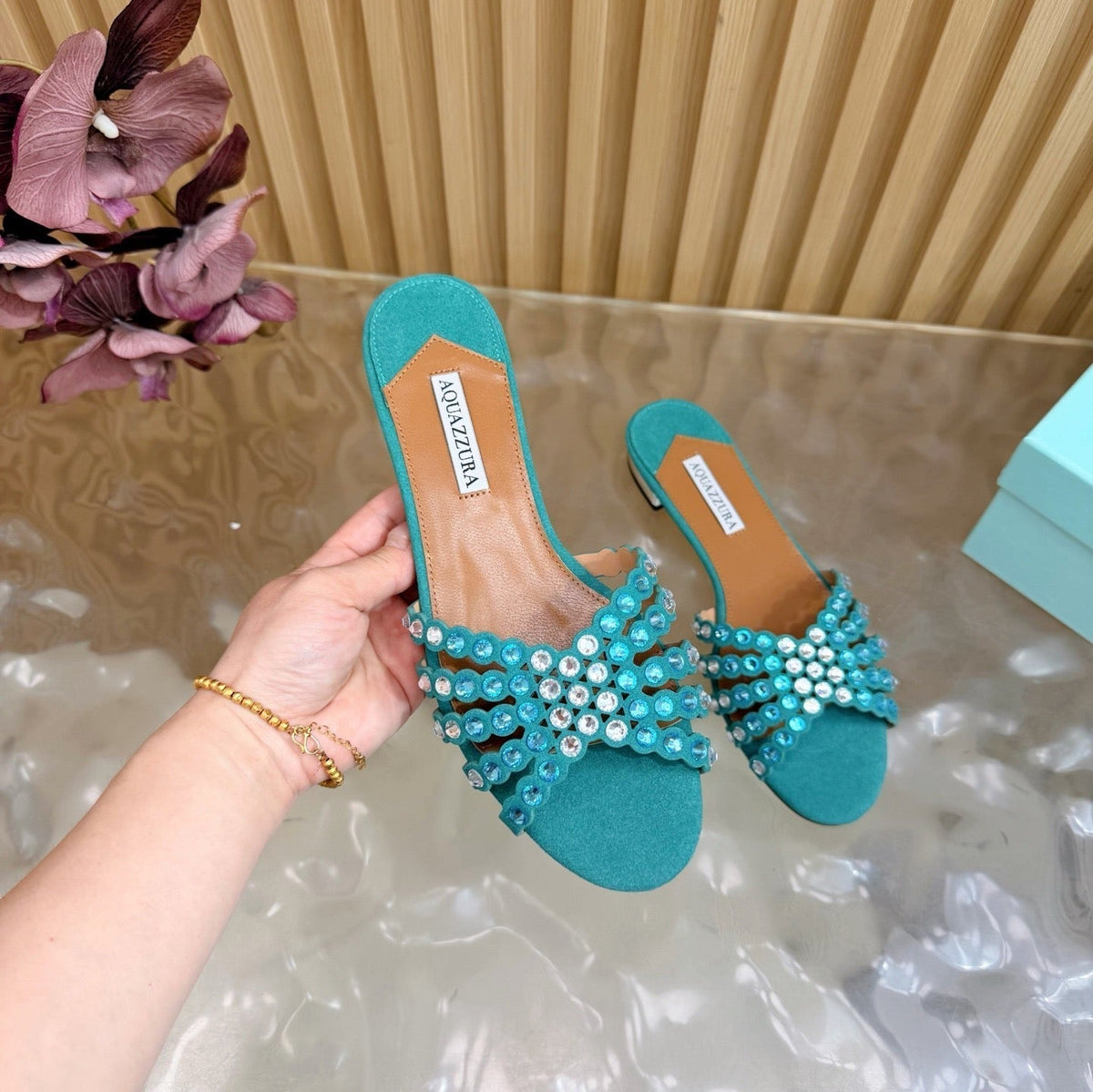 Aquazzura 26s Slides Emerald Green Suede Crystal-Embellished Straps 629154