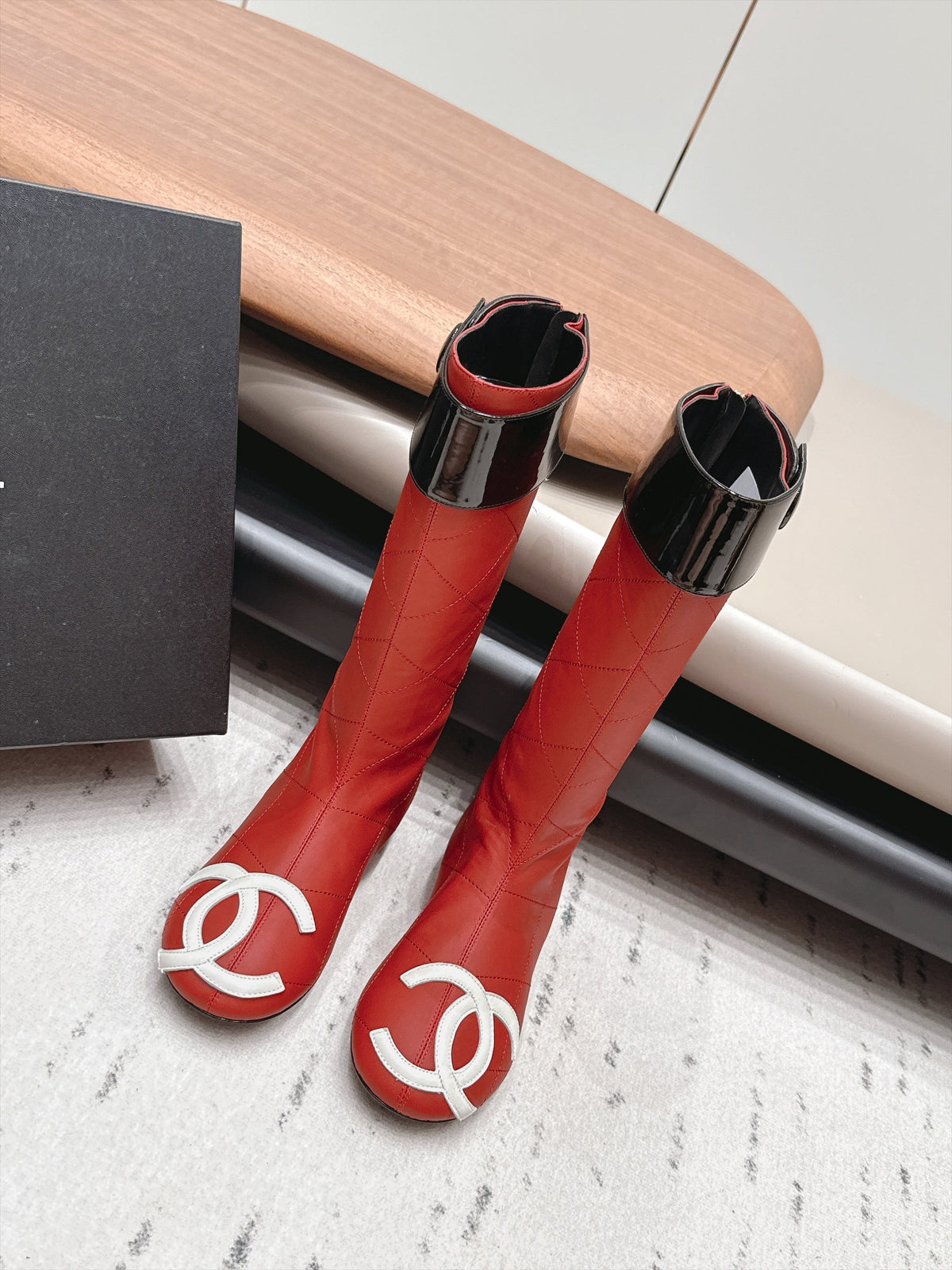Chanel 26s Knee High Boots Red Quilted Calfskin Black Patent Cuff