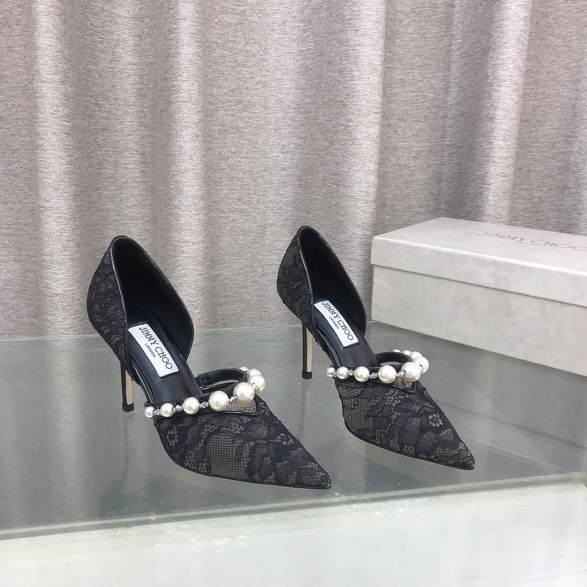 Jimmy Choo 26S High Heels 8.5cm Black Lace Pearl-Embellished 824195