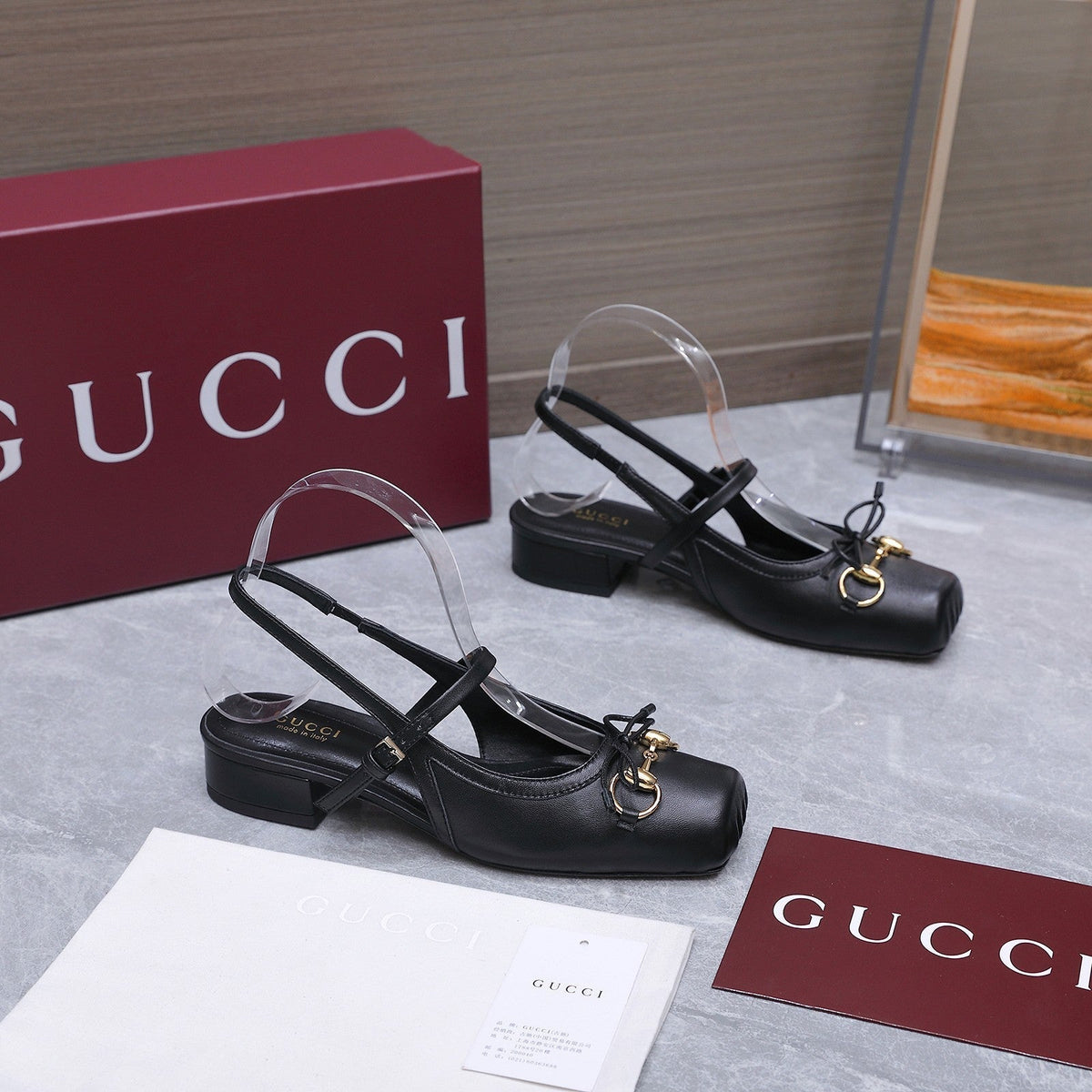 Gucci 26s Slingback Pumps Black Calfskin Gold Hardware