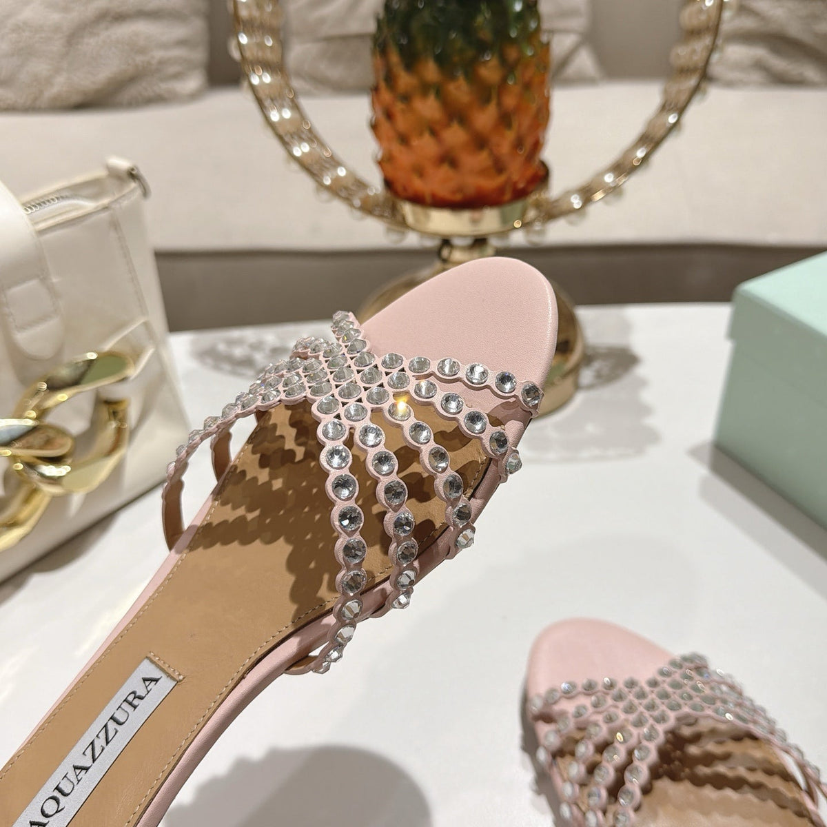 Aquazzura 26s Slides Light Pink Lambskin Crystal Embellished 592841