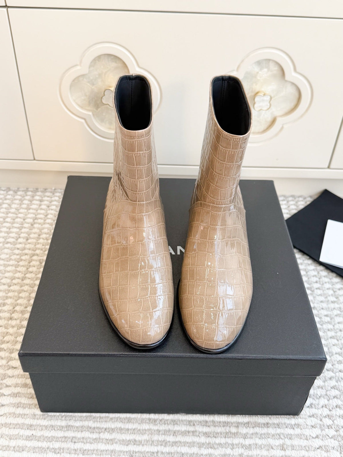 Chanel 26s Short Boots Beige Patent Crocodile Embossed