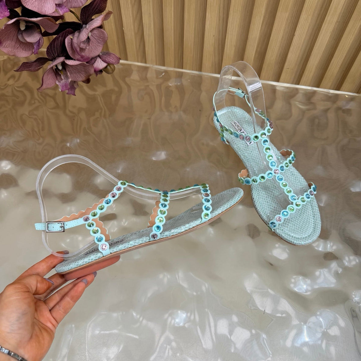 Aquazzura 26s Flat Sandals Light Blue Snakeskin Crystal Embellished 837261