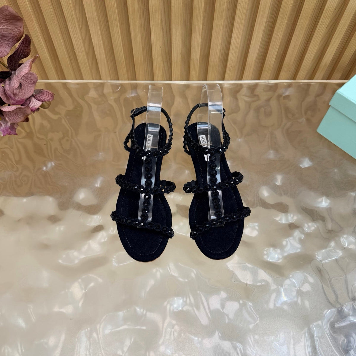 Aquazzura 26s Flat Sandals Black Suede Crystal Embellished 294817