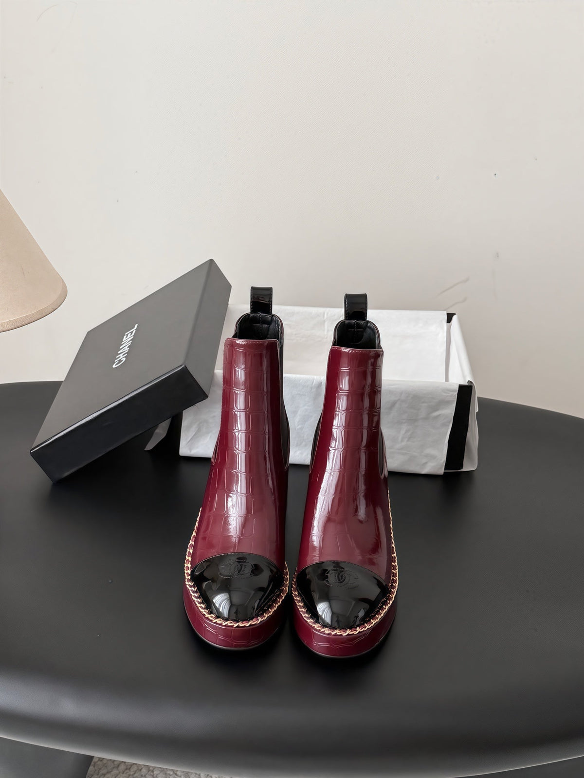 Chanel 26s Chelsea Ankle Boots 7 Cm Burgundy Embossed Black Patent
