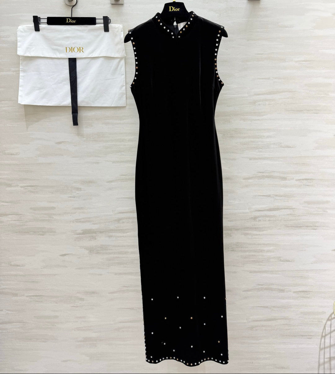 CD 26FW Crystal-Embellished Long Dress Stand Collar Sleeveless Black Velvet 441675