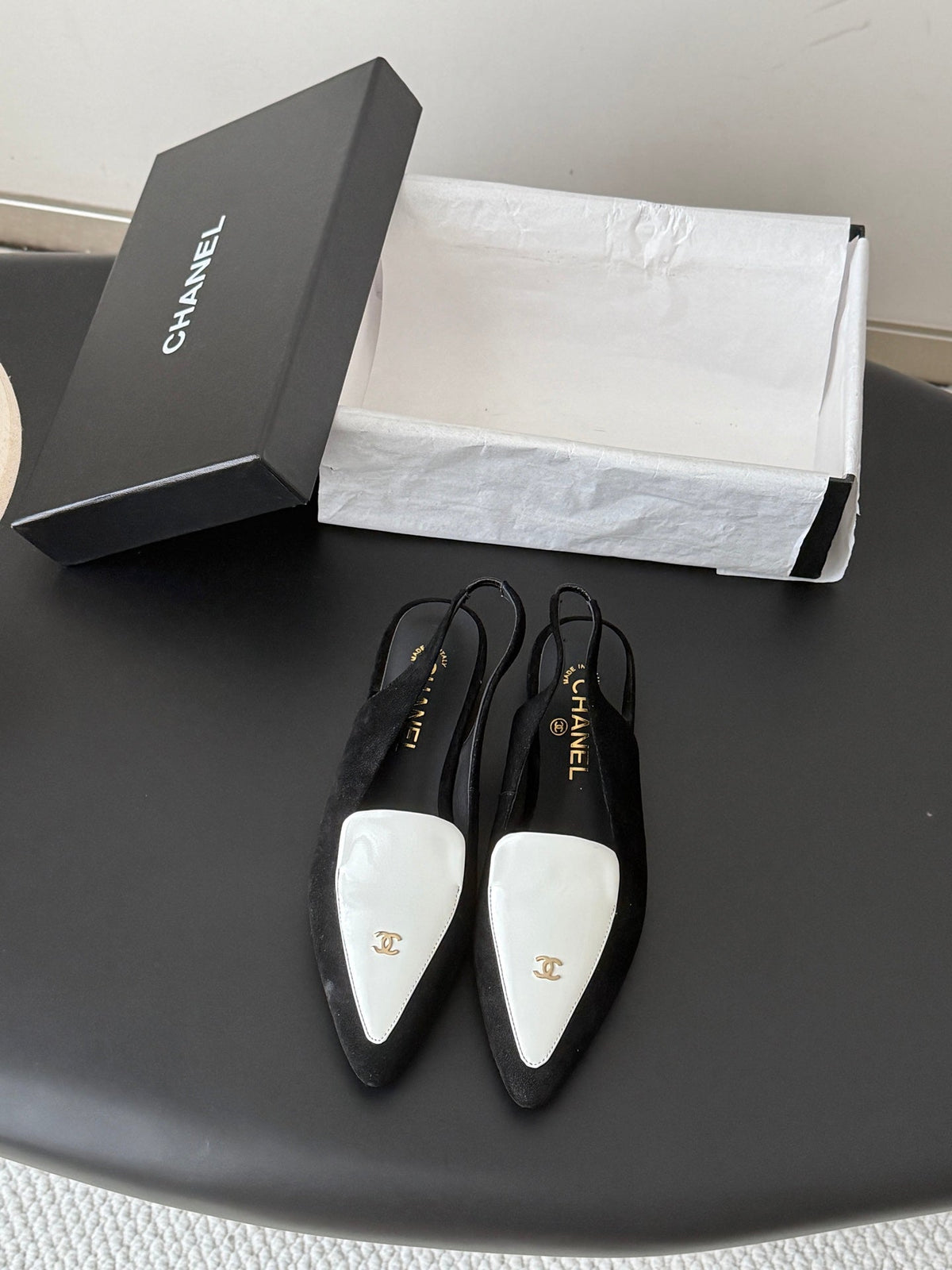 Chanel 26s Slingback Flat Black White Suede CC Logo