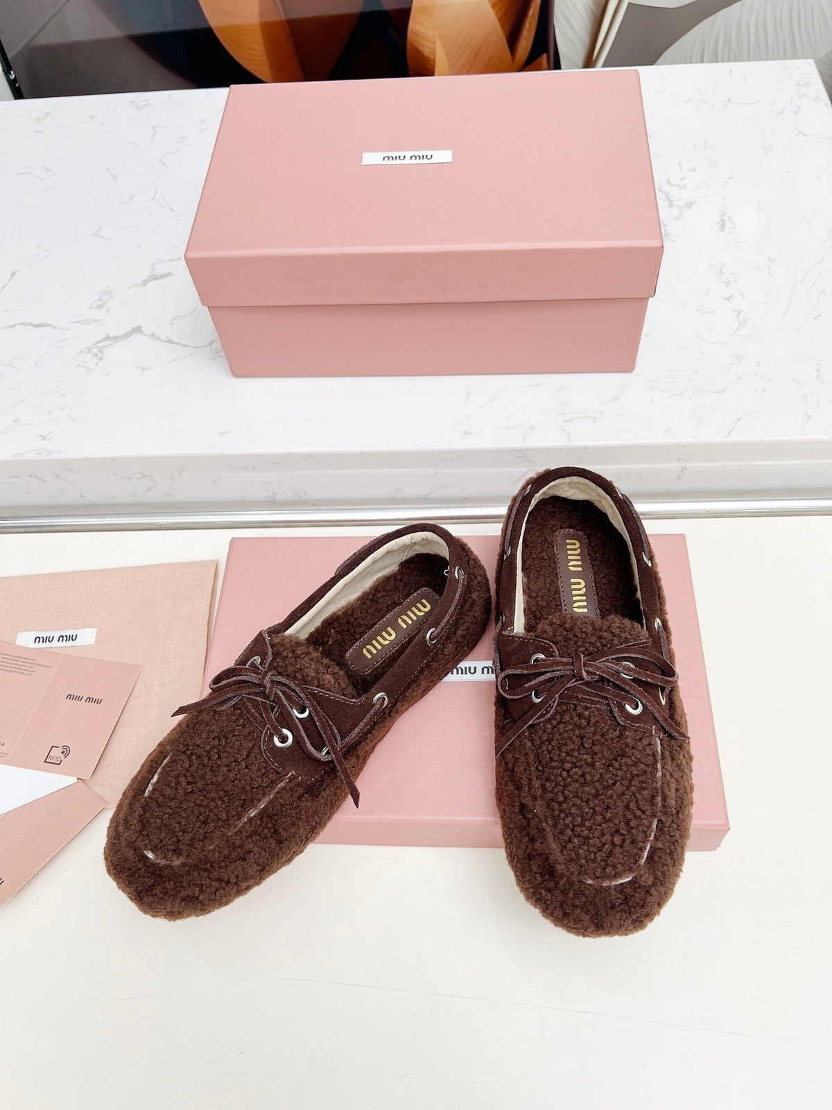 Miumiu 26s Boat Loafers Dark Brown Shearling