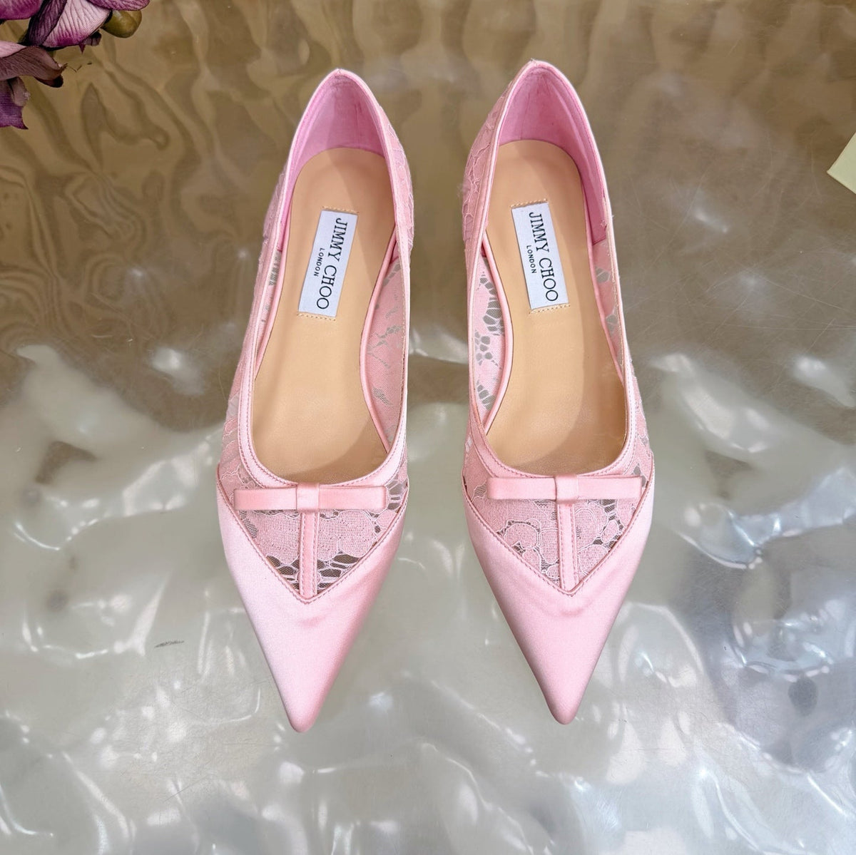 Jimmy Choo 26S Flats Light Pink Lace And Satin 382914