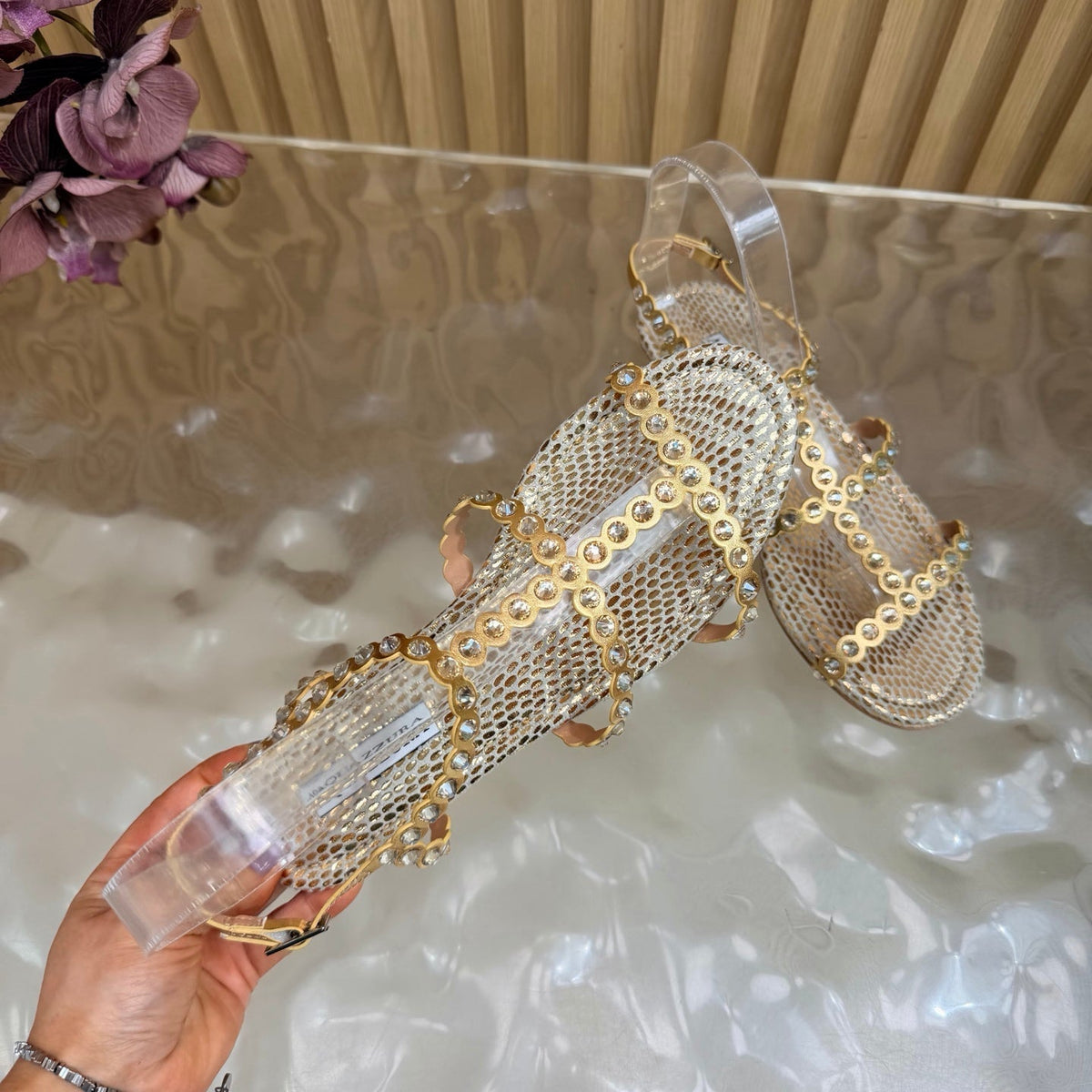 Aquazzura 26s Flat Sandals Gold Snakeskin Crystal Embellished 620483