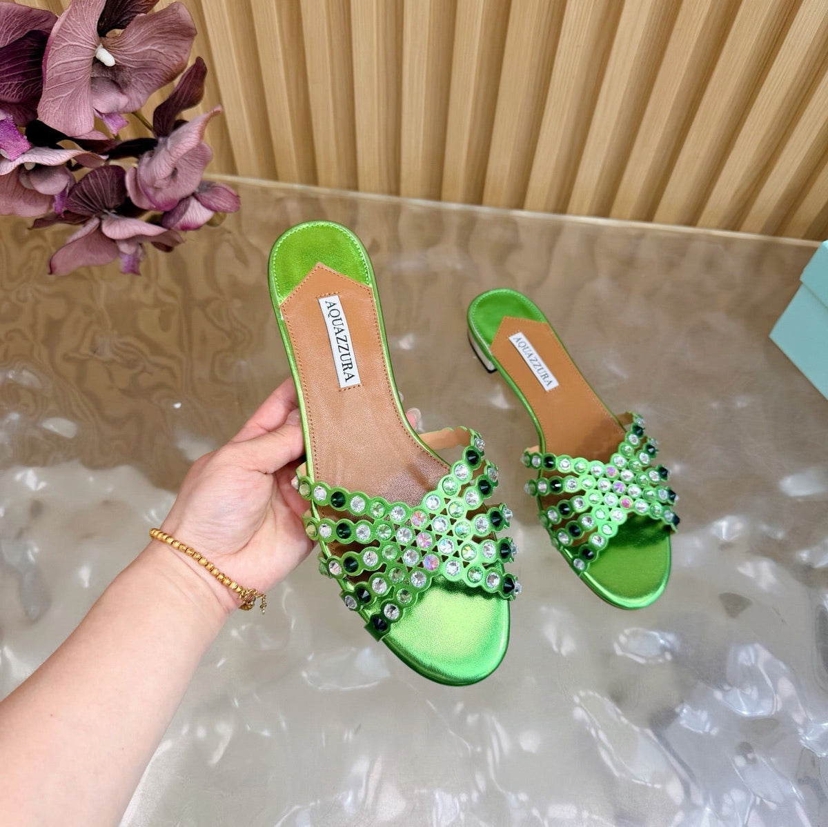 Aquazzura 26s Slides Green Lambskin Crystal Embellished 741935