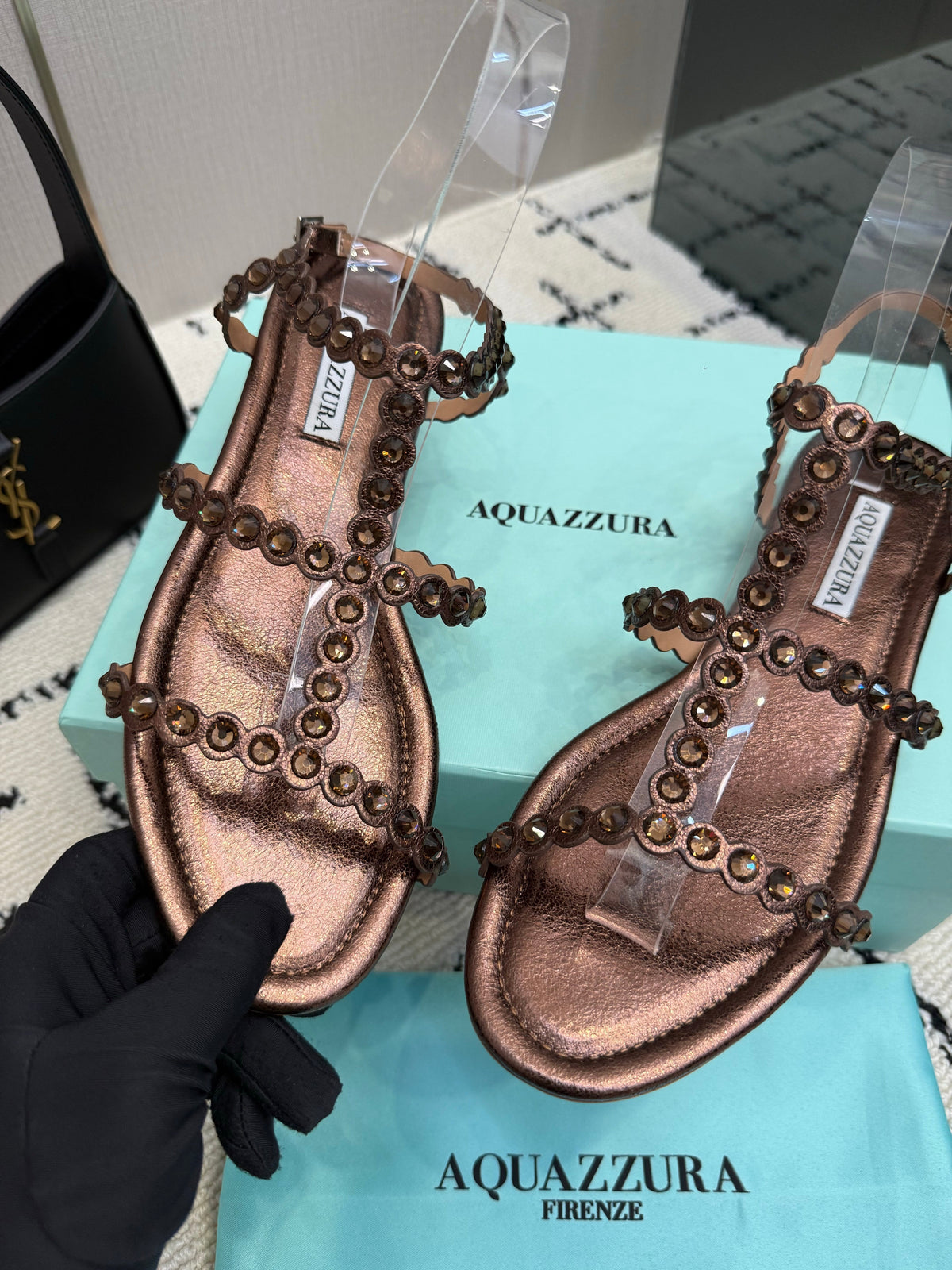 Aquazzura 26s Flat Sandals Dark Brown Lambskin Crystal-Embellished 824915
