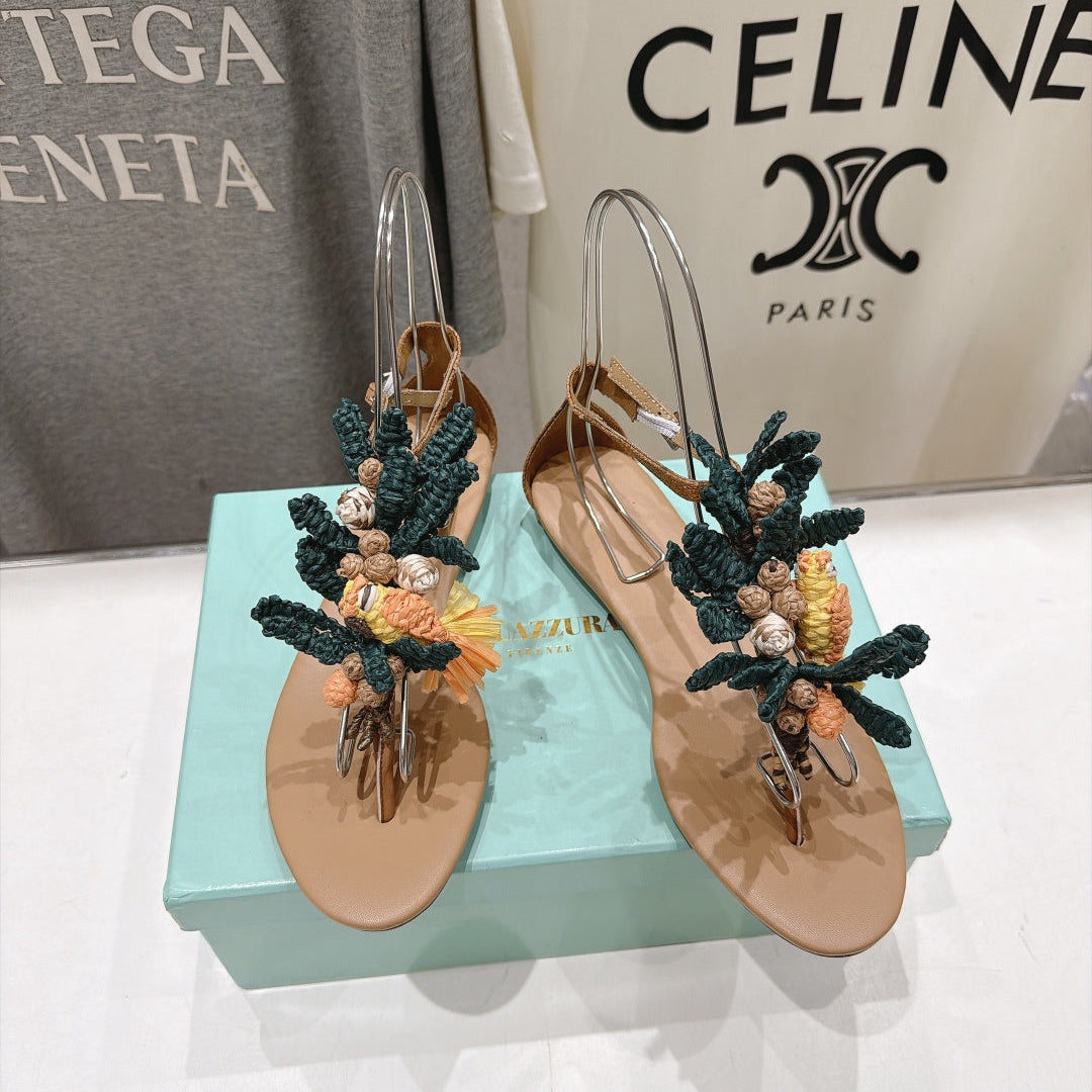 Aquazzura 26s Floral Applique Thong Sandals Brown Calfskin 618402