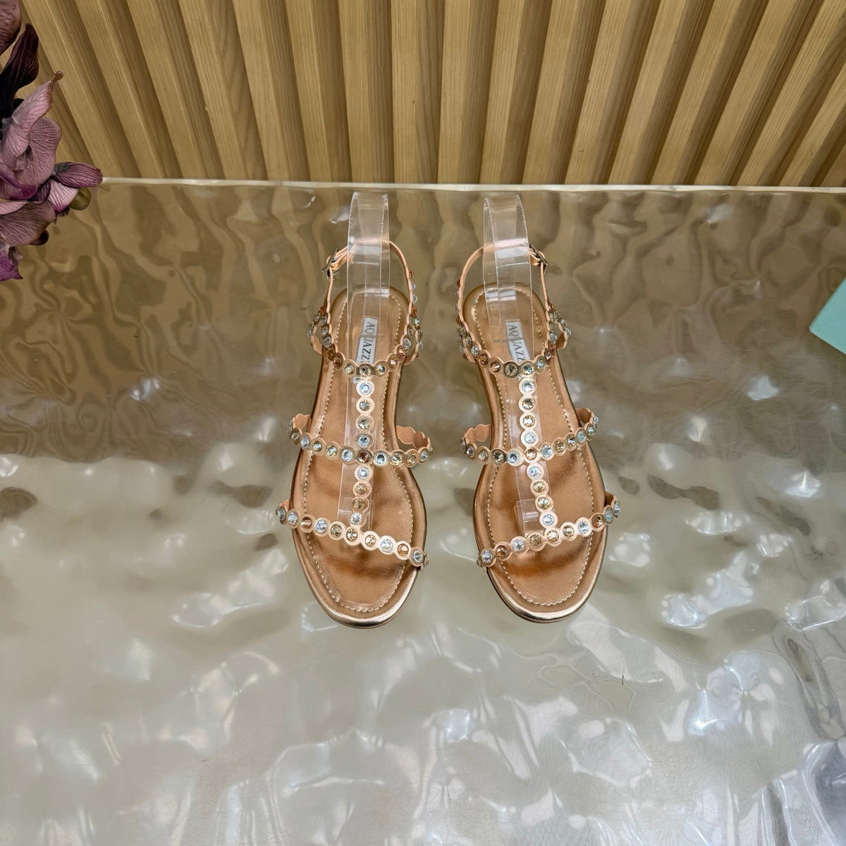 Aquazzura 26s Flat Sandals Rose Gold Calfskin Crystal Embellished 915402
