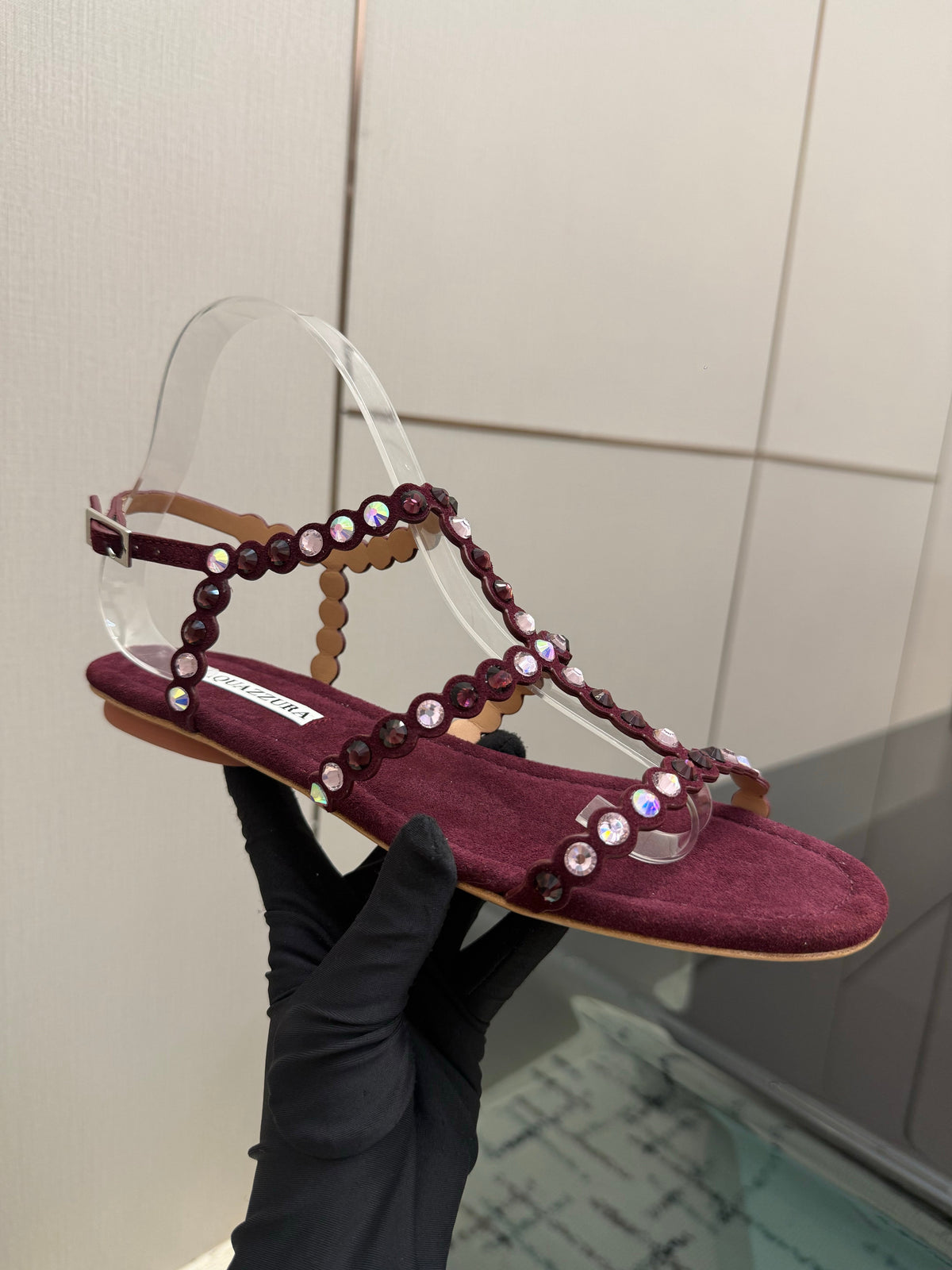 Aquazzura 26s Flat Sandals Dark Red Suede Crystal-Embellished 824195