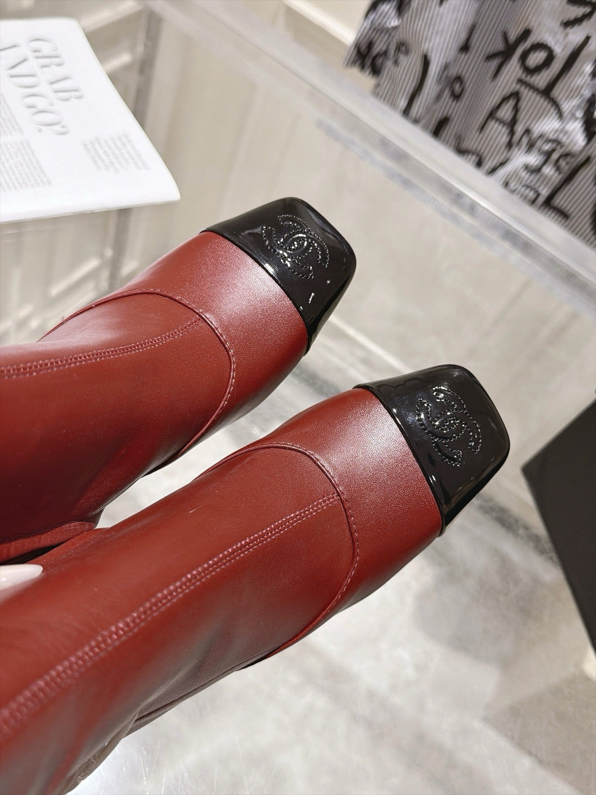Chanel 26s High Heel Knee High Boots 8 Cm Burgundy Calfskin Black Patent Leather