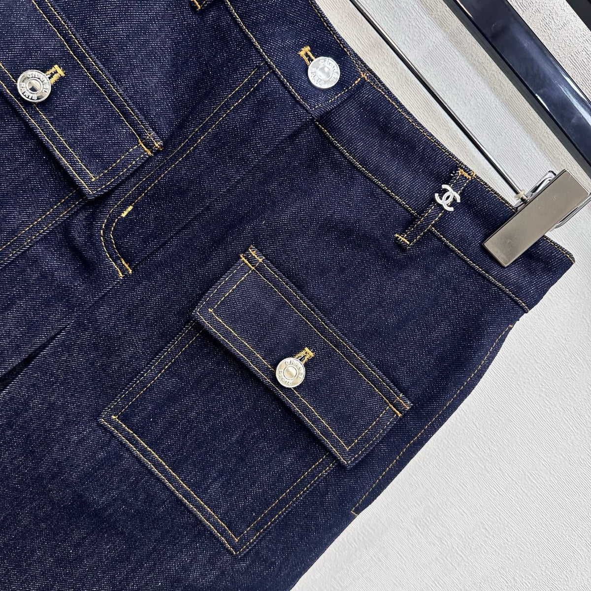CC 26FW High-Waisted Slit Denim Skirt Double-C Pocket Detail Blue Cotton 441481