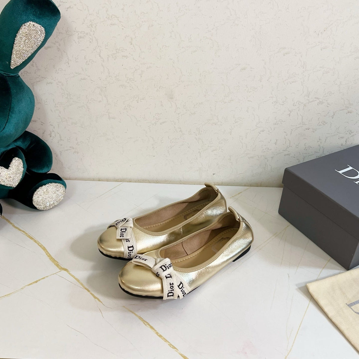 Dior 26s Bow Ballet Flats Gold Calfskin
