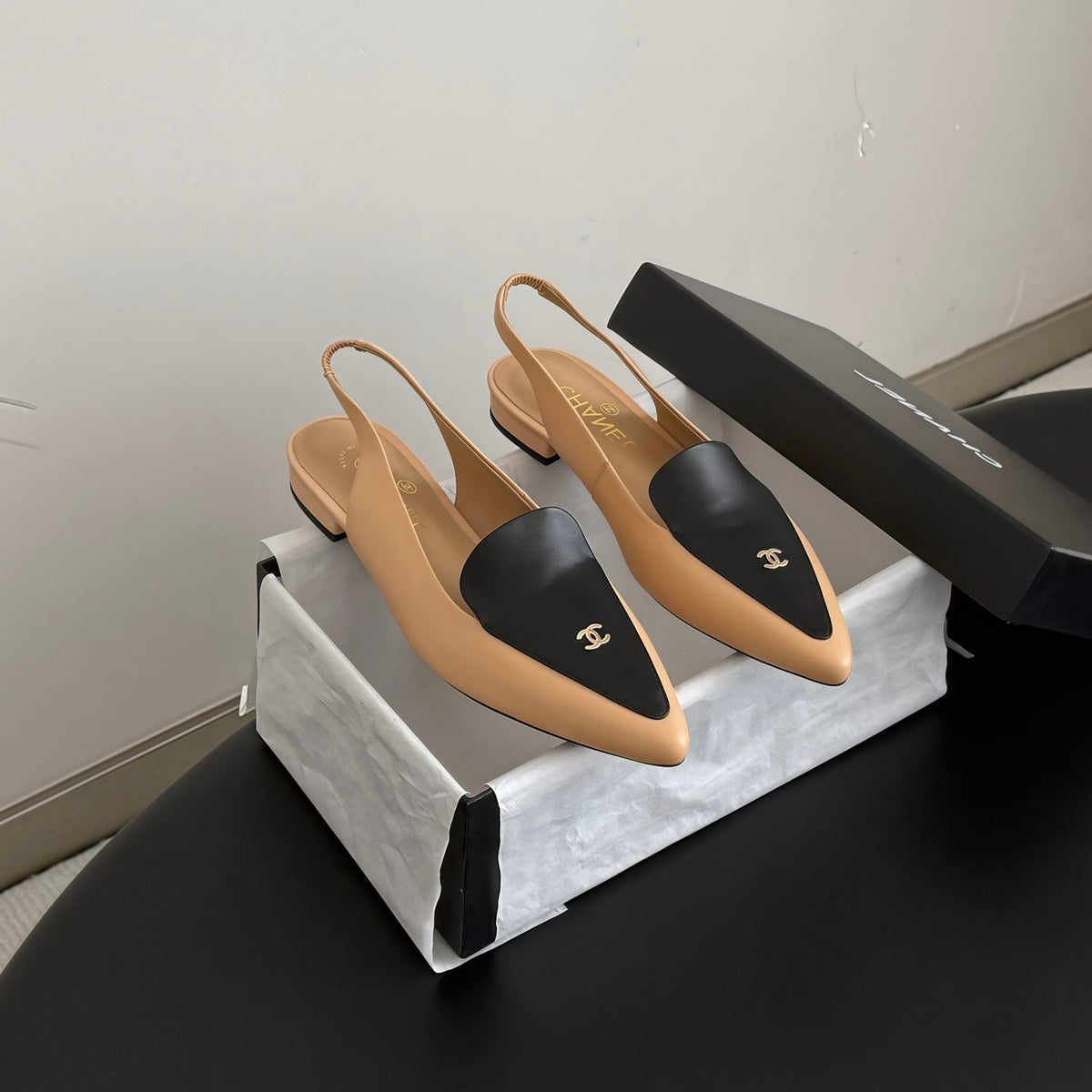 Chanel 26s Slingback Flat Black Beige Calfskin
