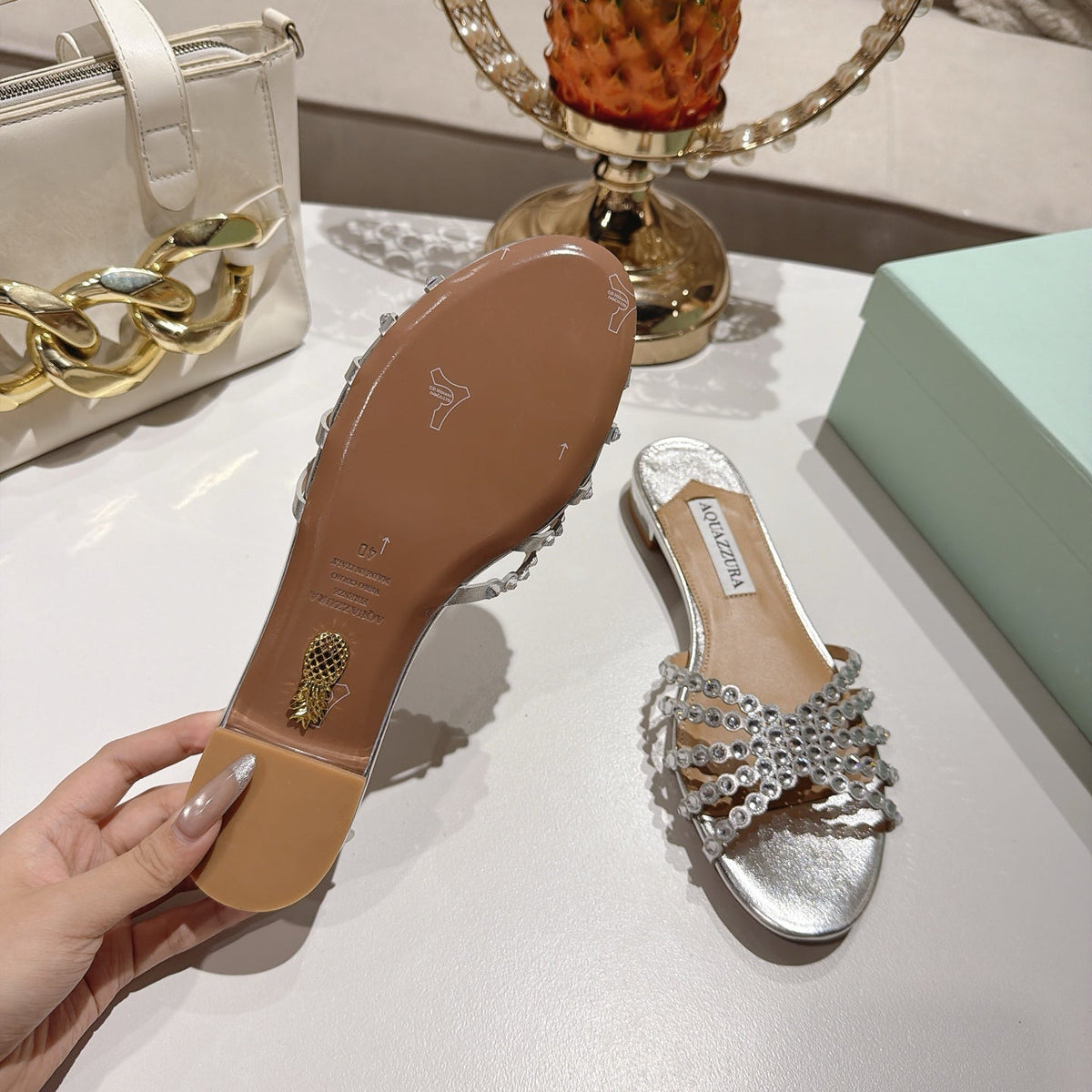 Aquazzura 26s Slides Silver Lambskin Crystal Embellished 820493