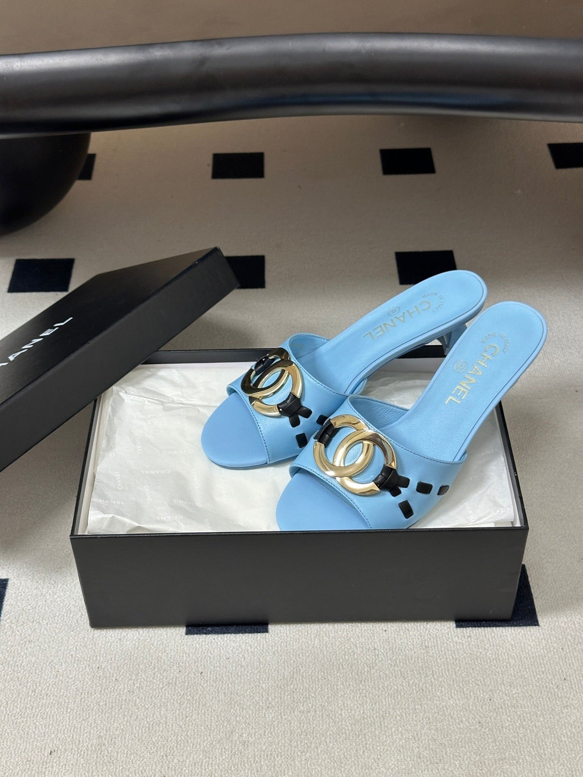 CC 26S High Heel Mule in Light Blue Lambskin with Gold-Tone CC Logo
