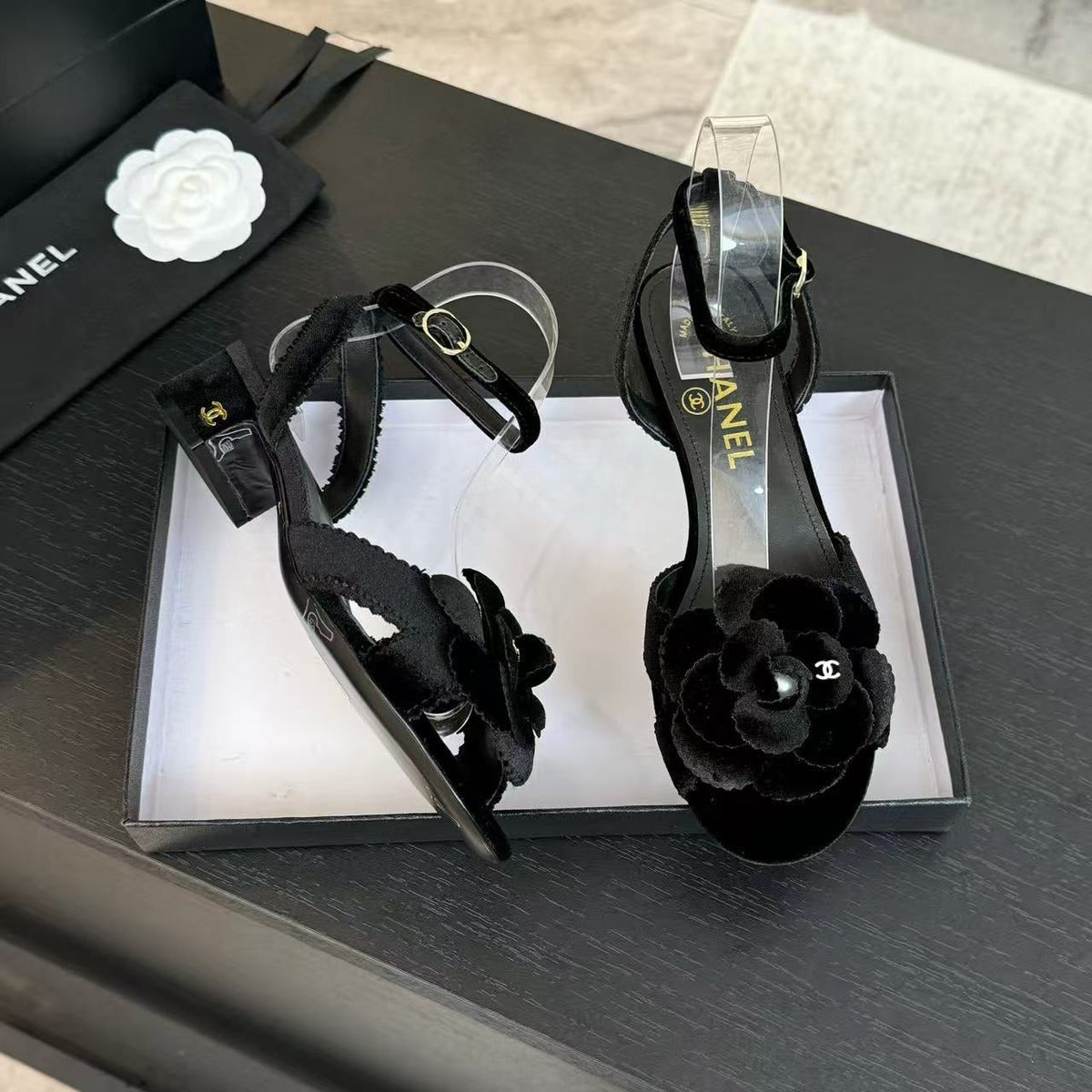 Chanel 2026 Camellia Sandals Black Velvet