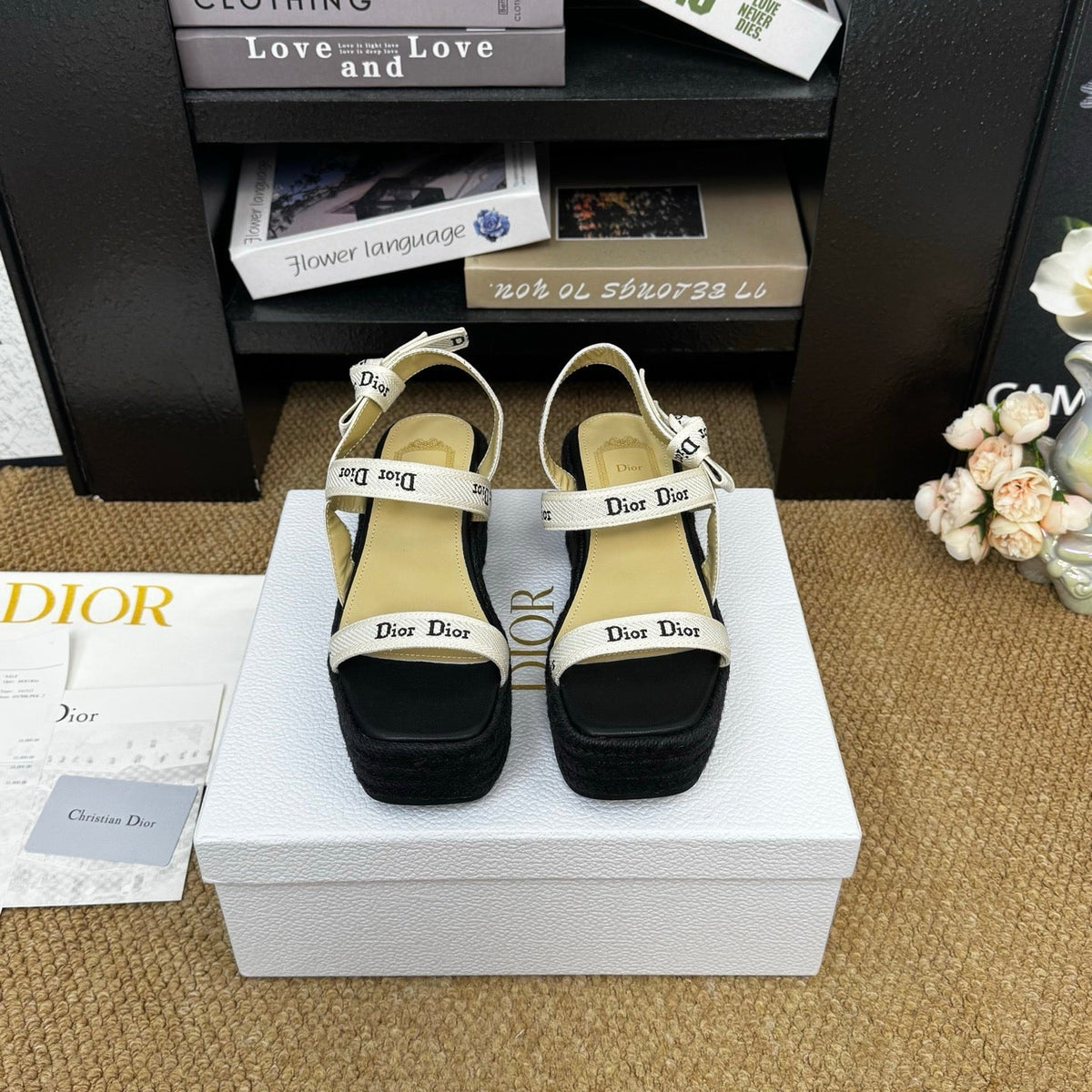 Dior 26s Espadrille Wedge Sandal Black Canvas Calfskin
