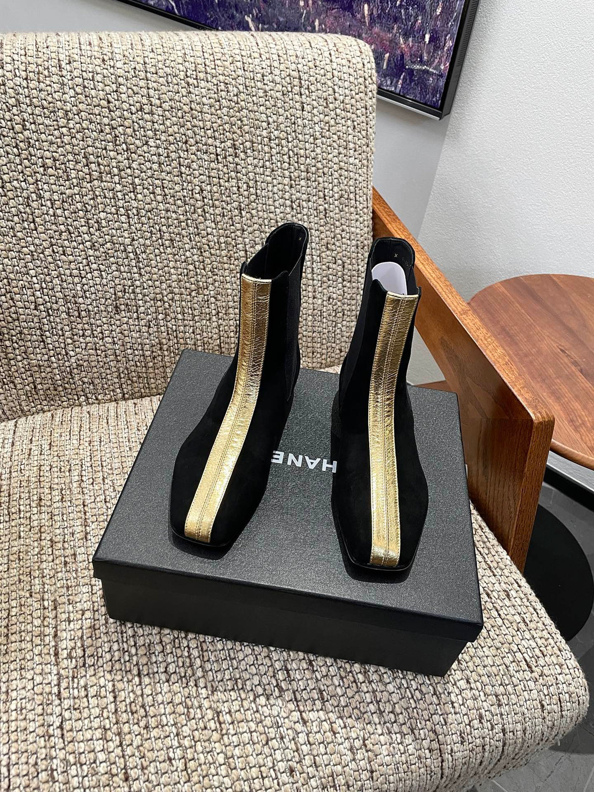 Chanel 26s Ankle Boots Black Suede Contrasting Gold Tone Trim