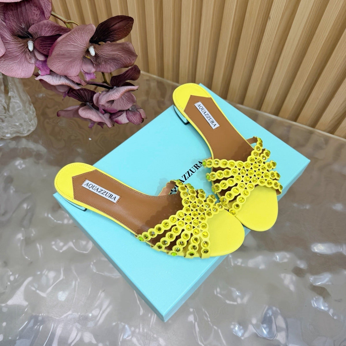 Aquazzura 26s Slides Yellow Calfskin Crystal-Embellished Straps 395104