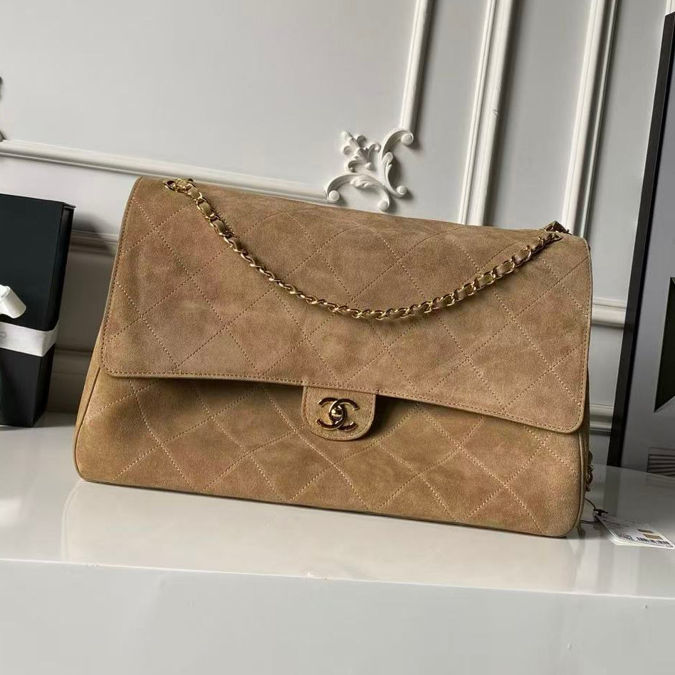 Chanel 2026 Souplissimo Maxi Flap Bag 39cm Dark Beige Suede Leather