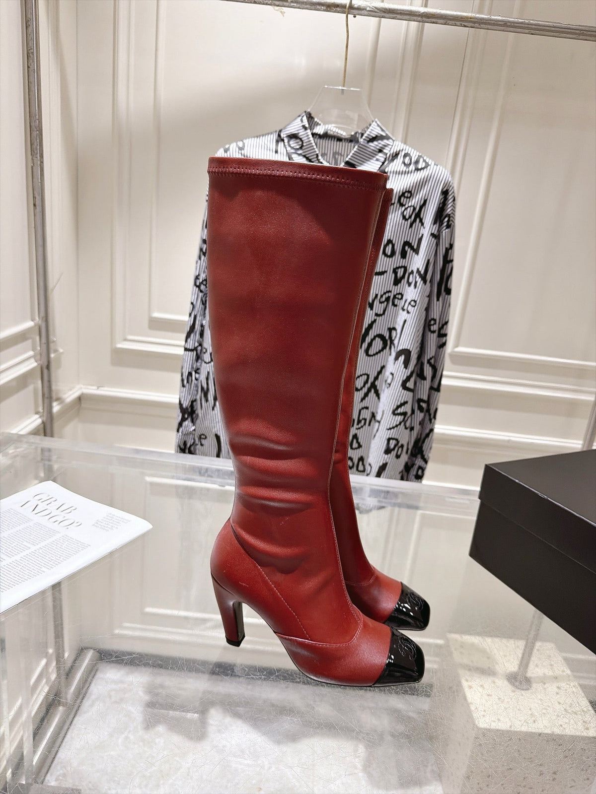 Chanel 26s High Heel Knee High Boots 8 Cm Burgundy Calfskin Black Patent Leather