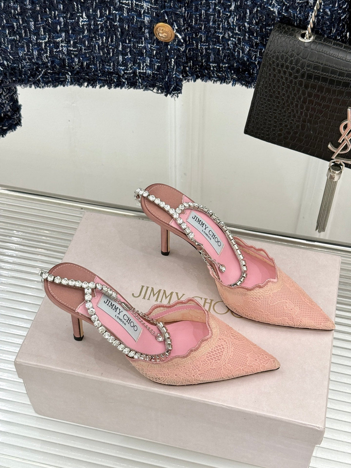 Jimmy Choo 26S Embellished High-Heeled Sandals 8.5cm Ballet Pink Lace 714392