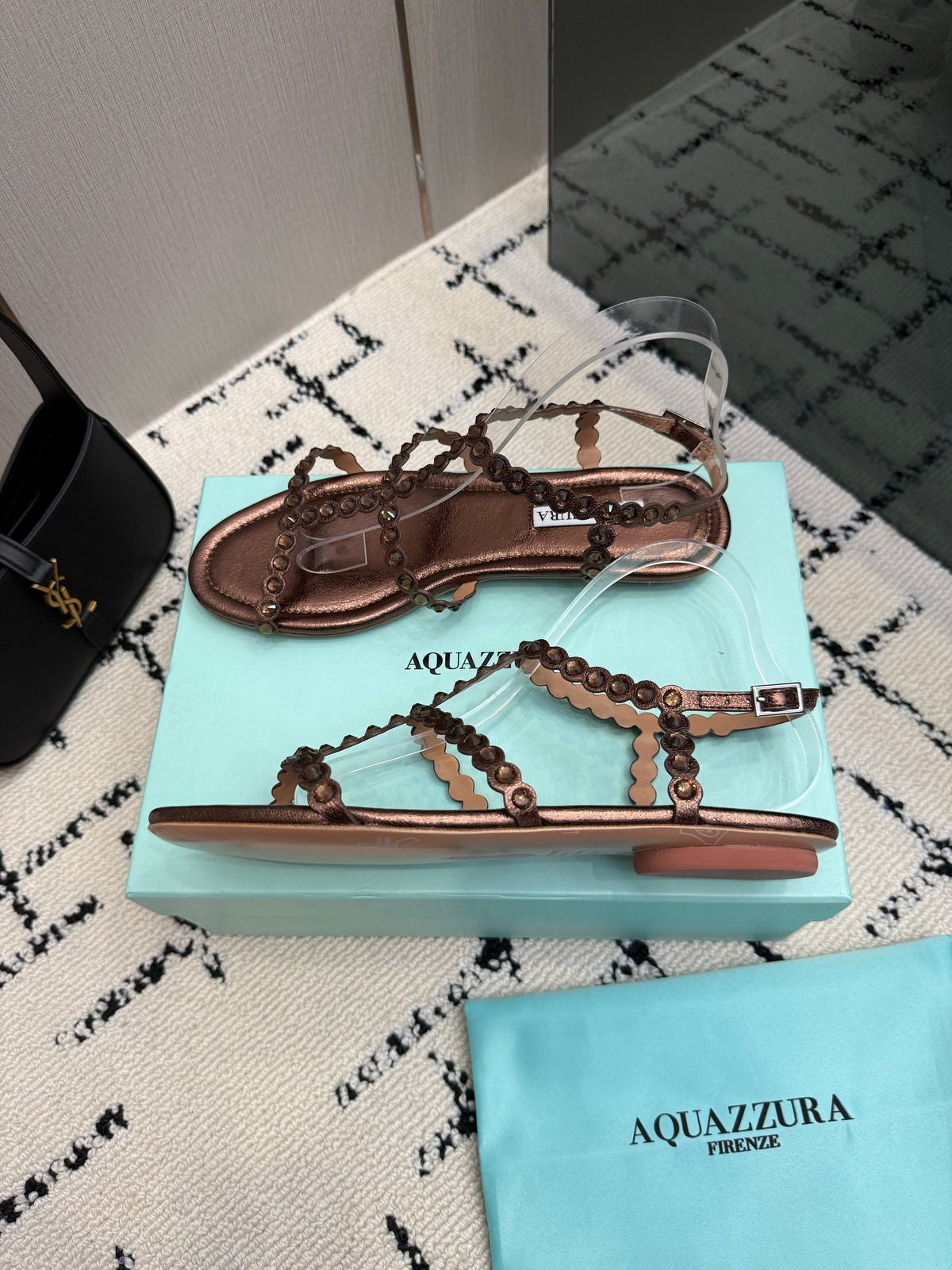 Aquazzura 26s Flat Sandals Dark Brown Lambskin Crystal-Embellished 824915