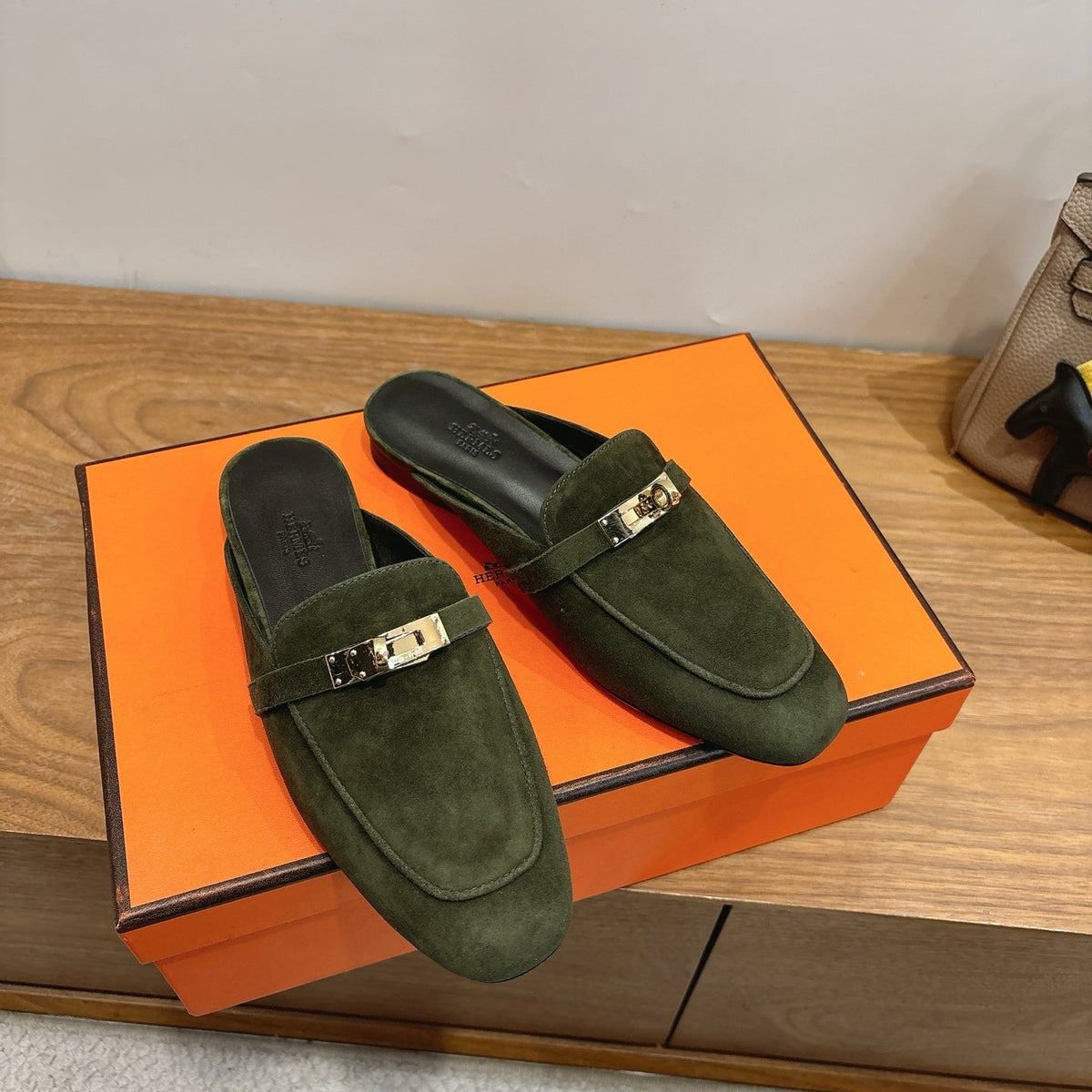HM 26s Oz Mule Dark Olive Green Suede Gold Hardware