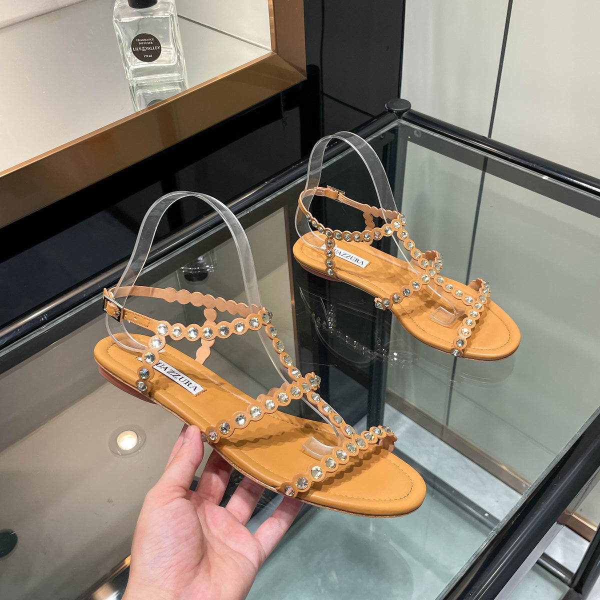 Aquazzura 26s Flat Sandals Camel Calfskin Crystal Embellished 492715