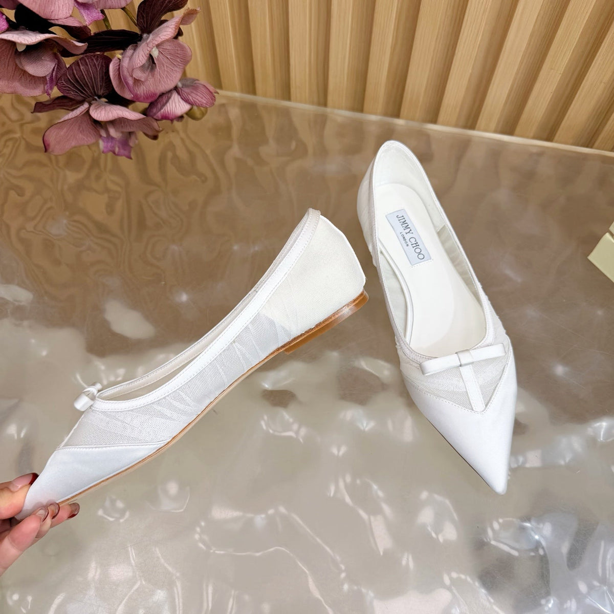 Jimmy Choo 26S Flats White Mesh And Satin 924371