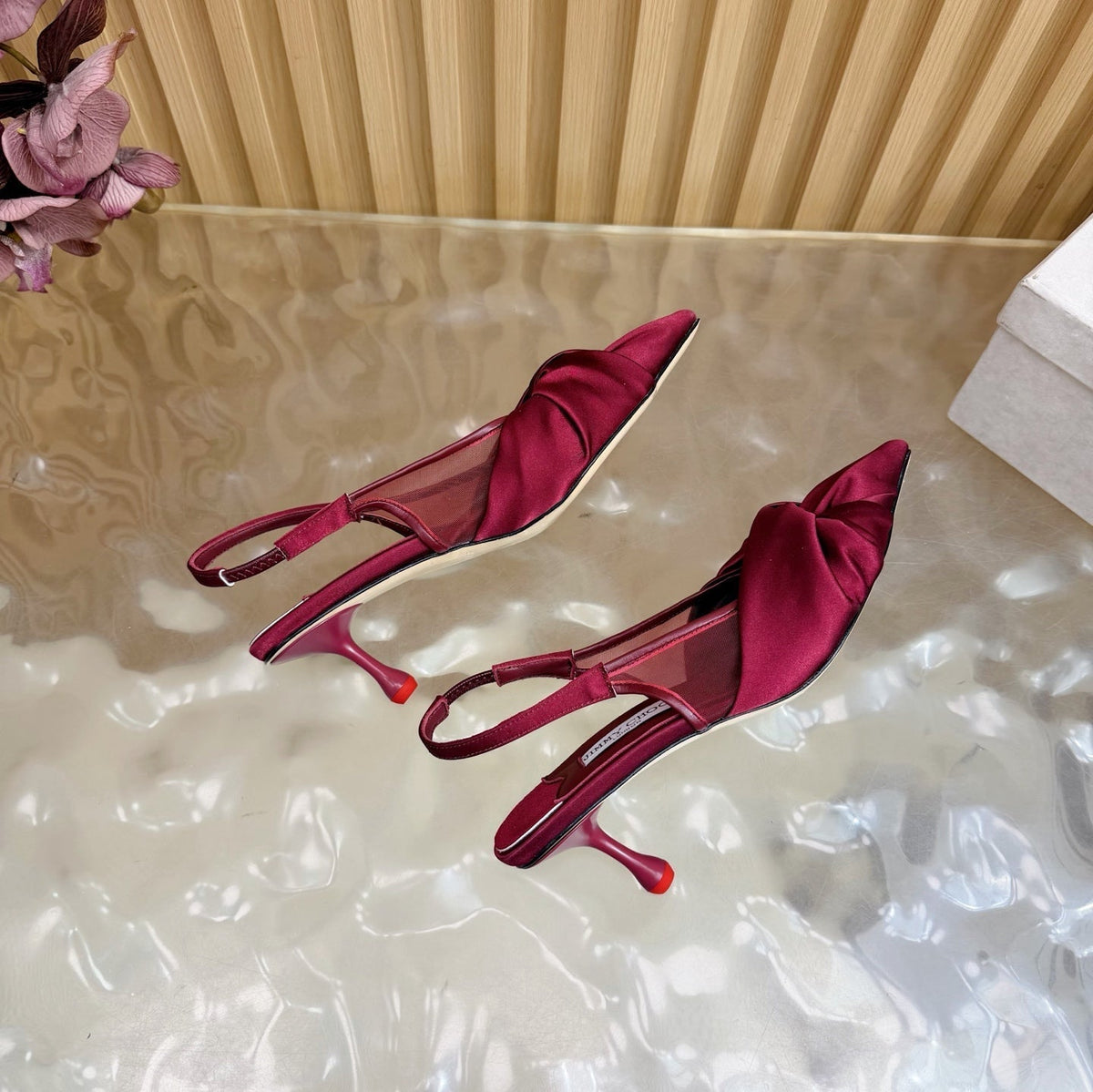 Jimmy Choo 26S Slingback Heels 6.0cm Dark Red Satin With Knot Detail 384192