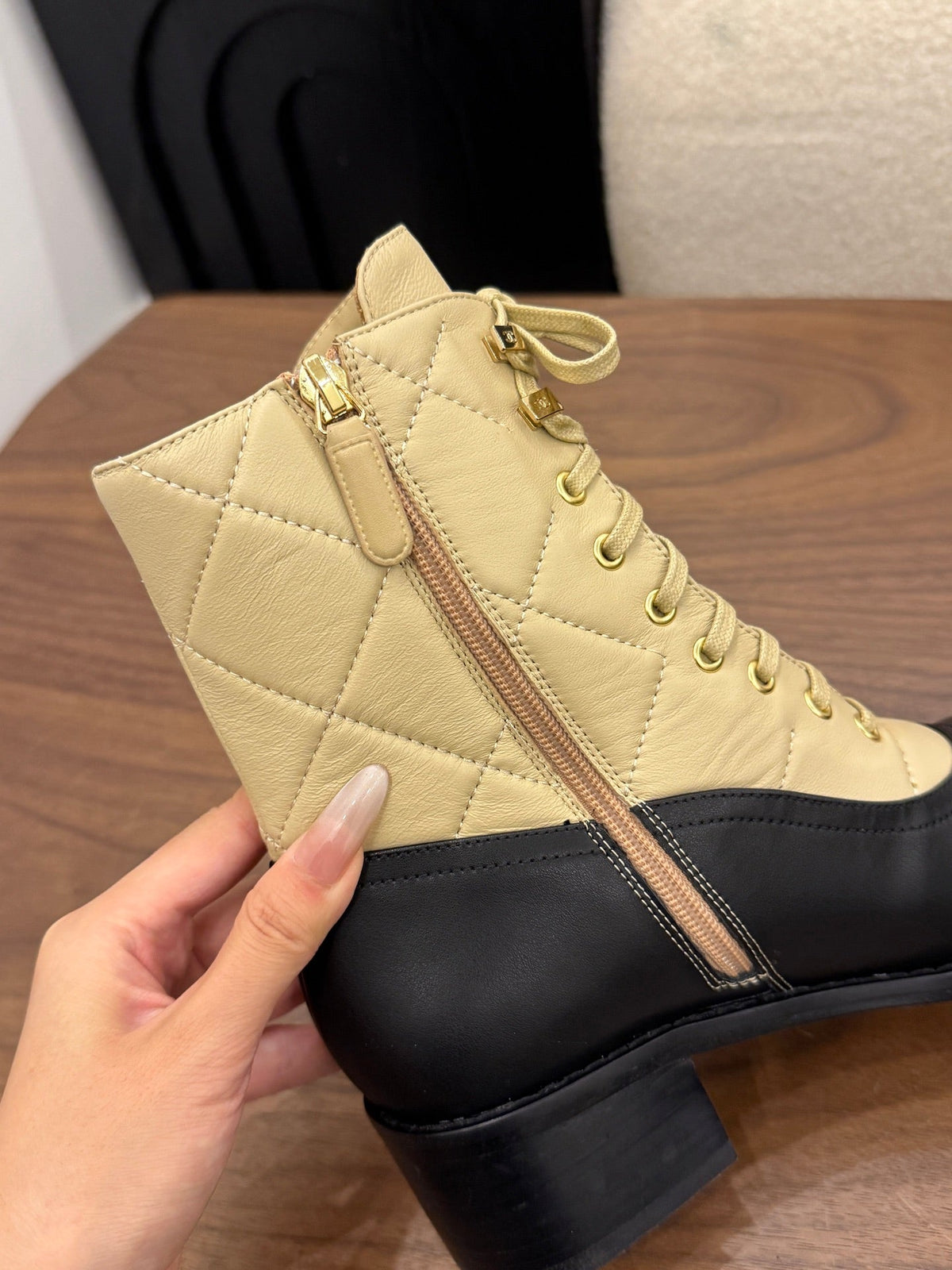 Chanel 26s Lace Up High Top Boots 4.5 Cm Black Beige Calfskin