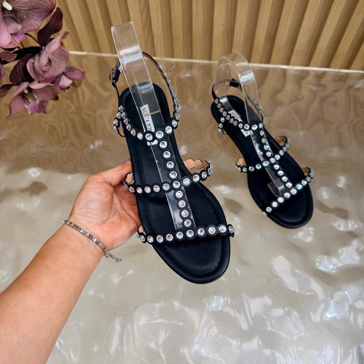 Aquazzura 26s Flat Sandals Black Calfskin Crystal Embellished 839514