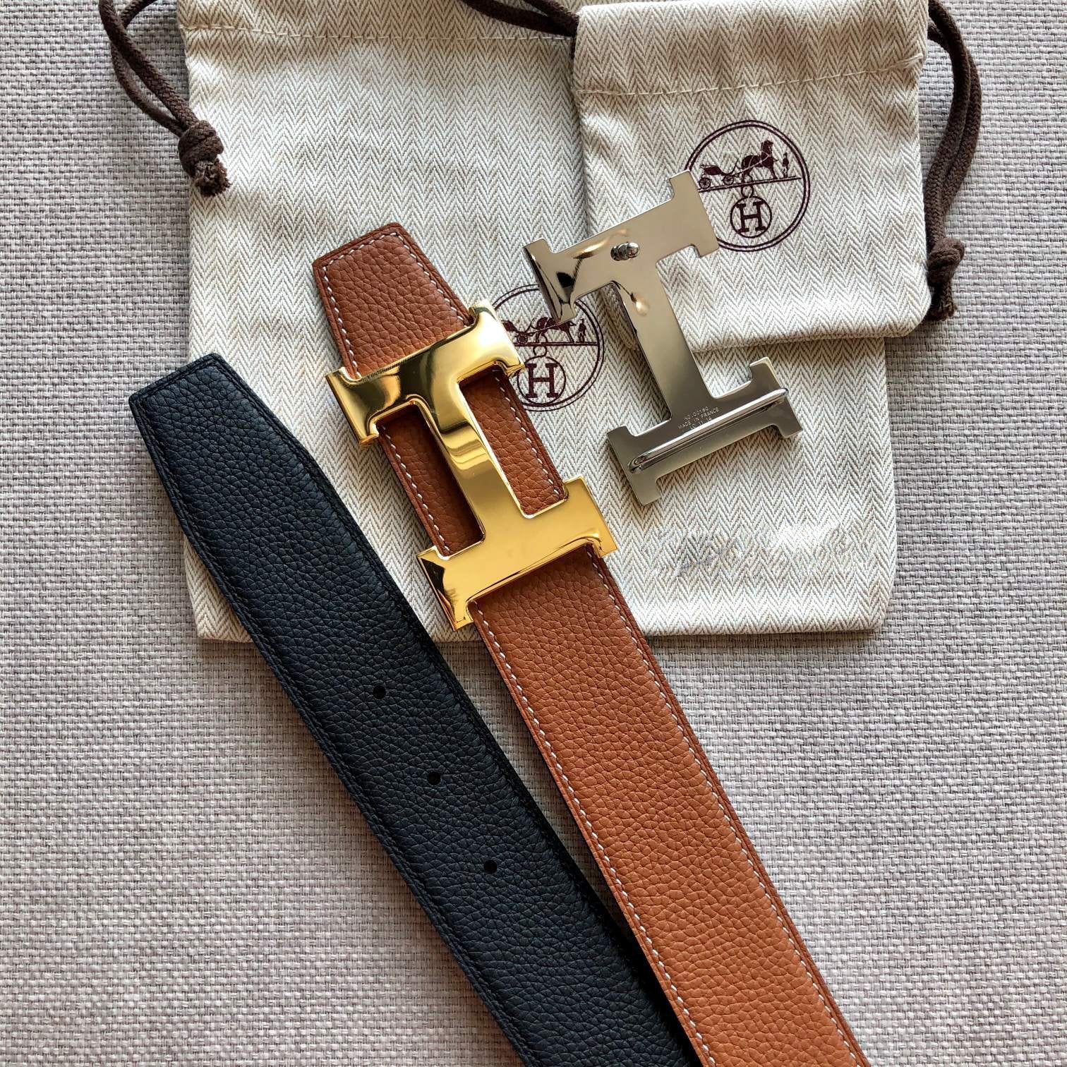 H CONTANCE BELT 38MM GOLD BUCKLE BROWN BLACK LEATHER