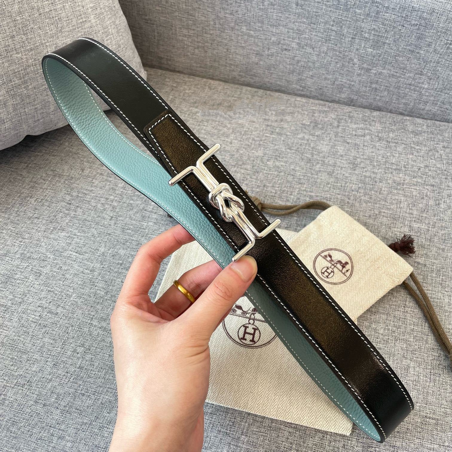 H MARIN REVERSIBLE BELT 32MM SILVER BUCKLE SKY BLUE BLACK LEATHER