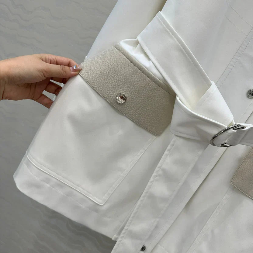 HM 25S Majia H-Belt Coat in White Goatskin