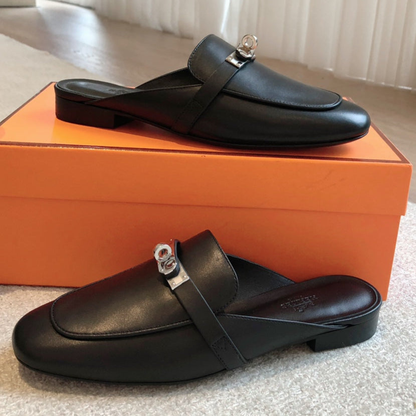 Hermes Oz Mule Black Silver Cowhide 756842