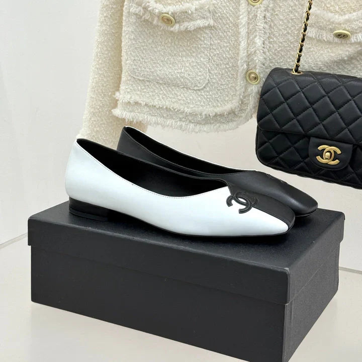 CC 26S Double C Patchwork Ballet Flat Black White in Cowhide 706366